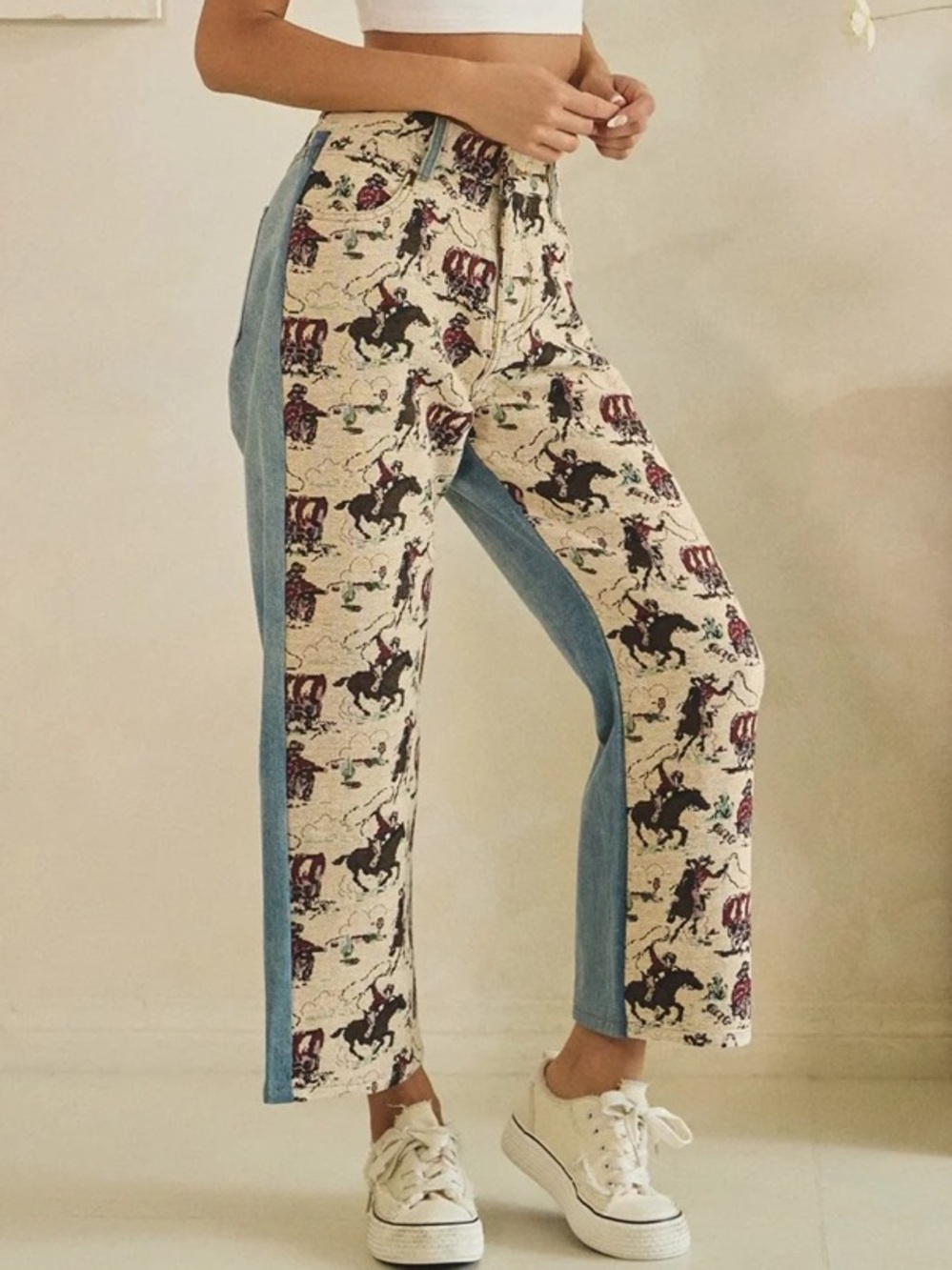 Oli & Hali Two-Tone Western Print Jeans in Cream and Blue